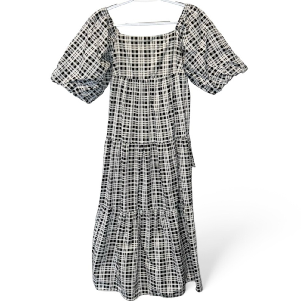 Faithfull the Brand Black White Plaid Cotton Puff Sleeve Tiered Maxi Dress S - Picture 2 of 11